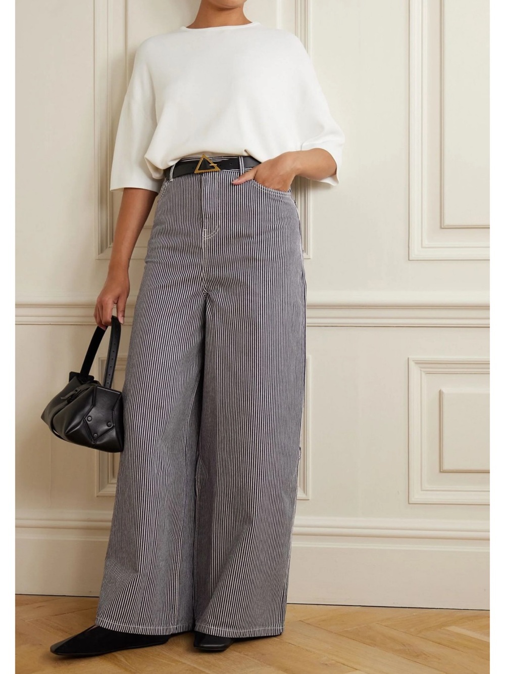 The Frankie Shop Sasha Striped High Rise Wide-Leg Pinstripe Pants - Blue & White